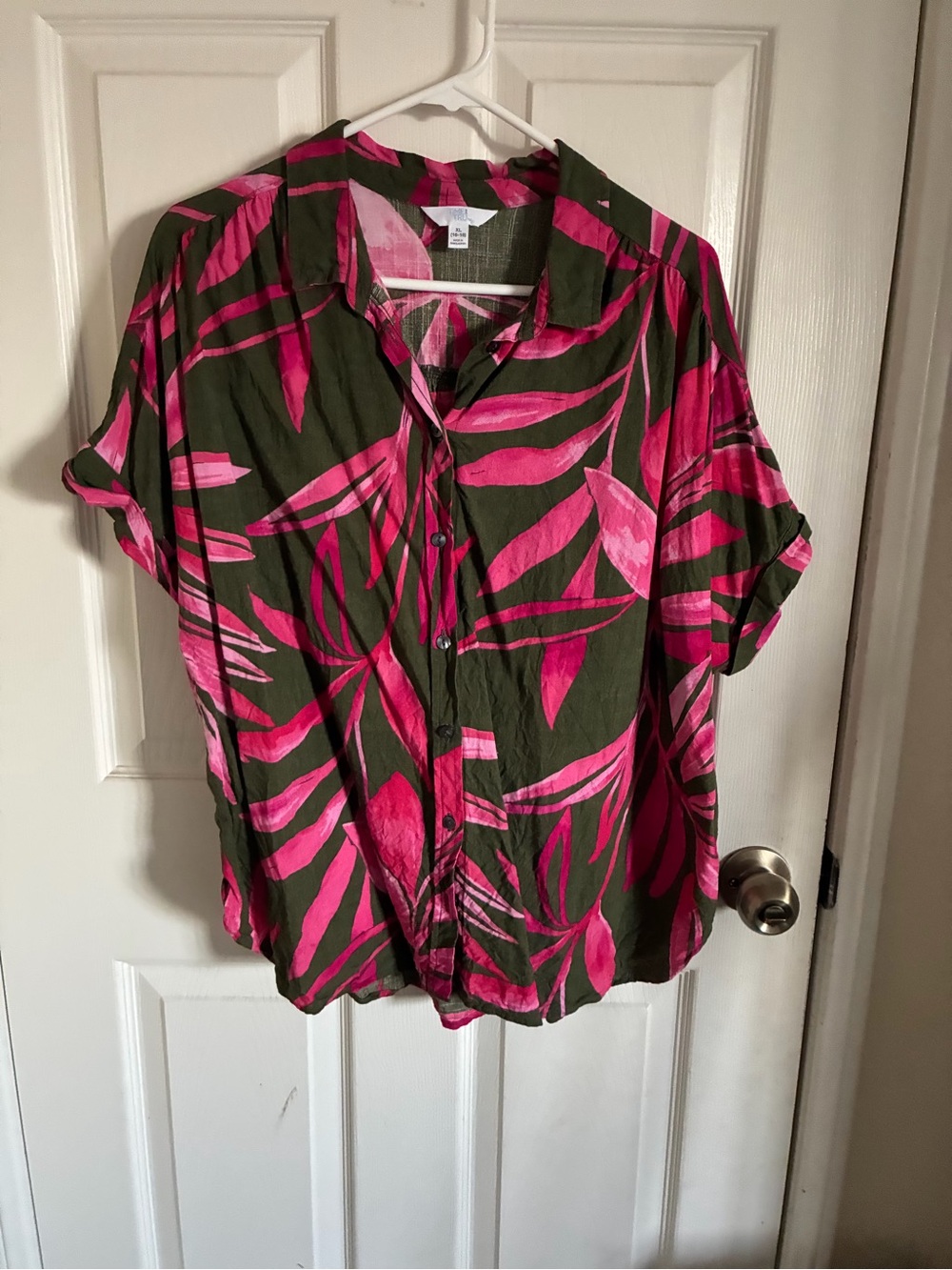 Time and Tru Olive Button-Front Shirt with Hot Pink Leaf Print